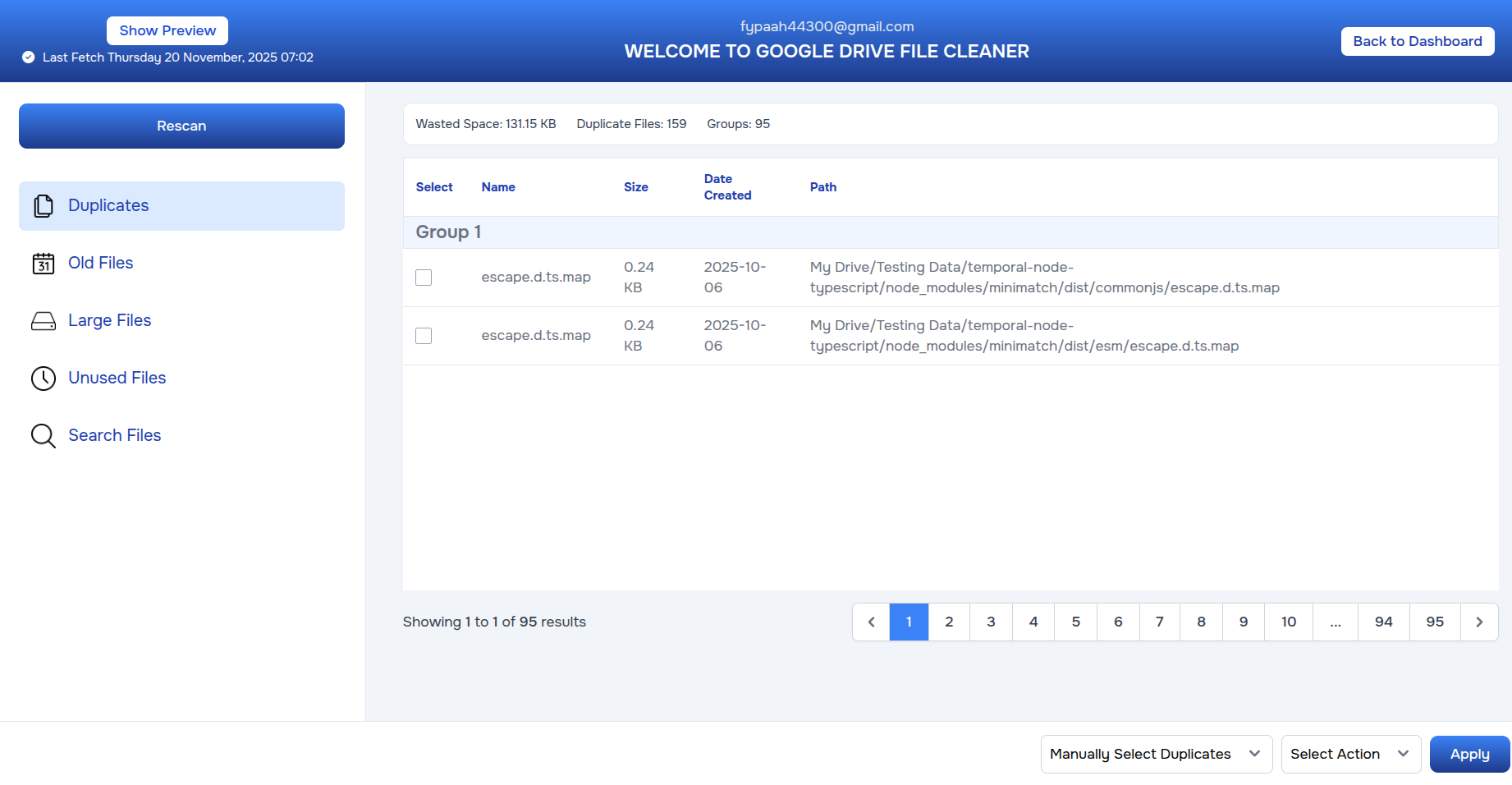 Google Drive Cleaner Dashboard Screenshot
