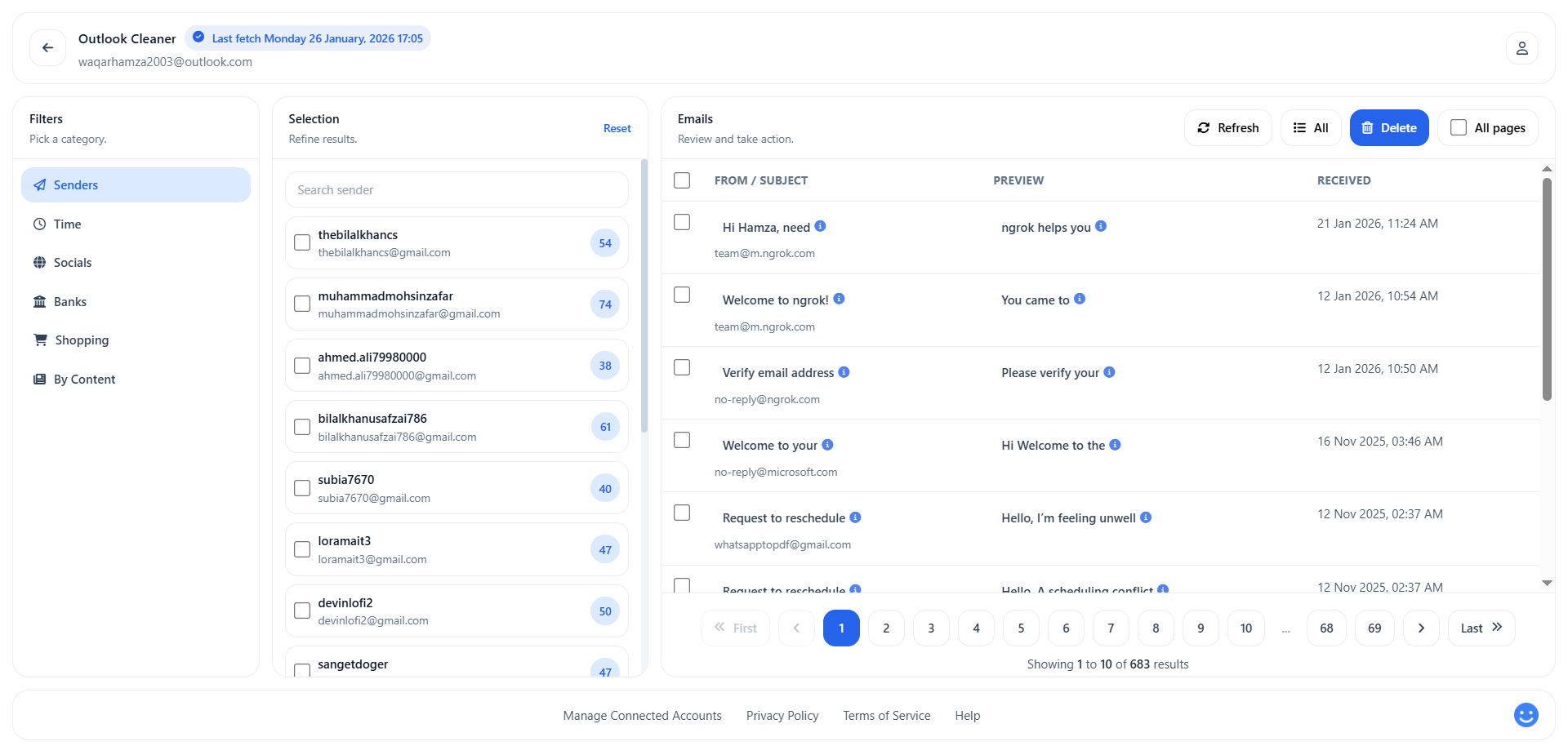 Outlook Cleaner Dashboard Screenshot